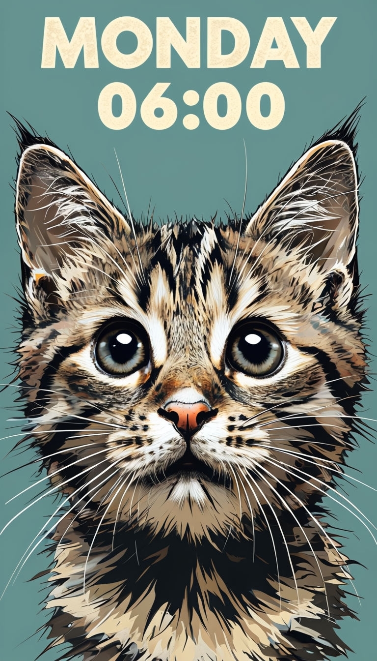 Surprised Kitten Face Illustration with Bold Monday Text Poster