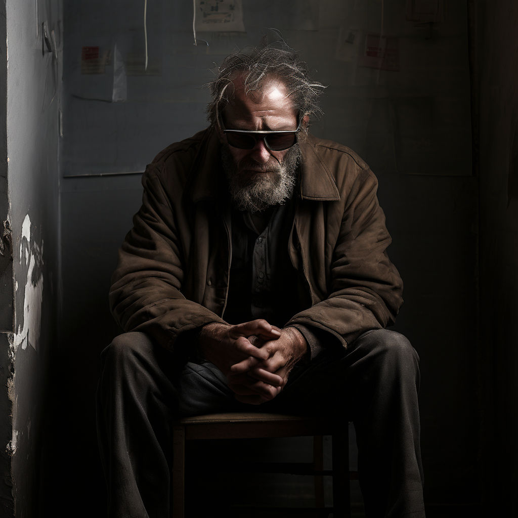 Blind desperate man sitting in a place similar to a clinic by Dalmo ...