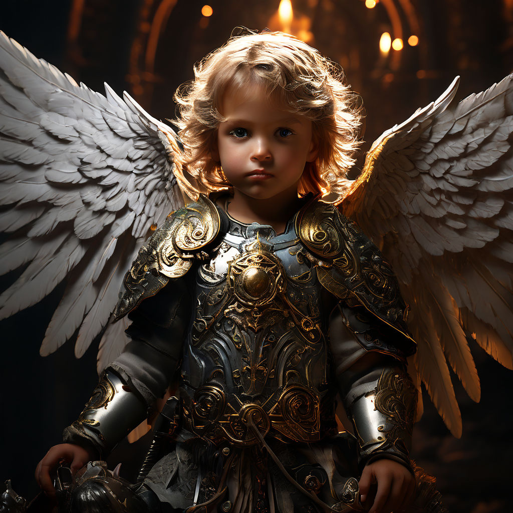 An angel in armor in a defense pose. This angel must have characteristics  that remind us of products