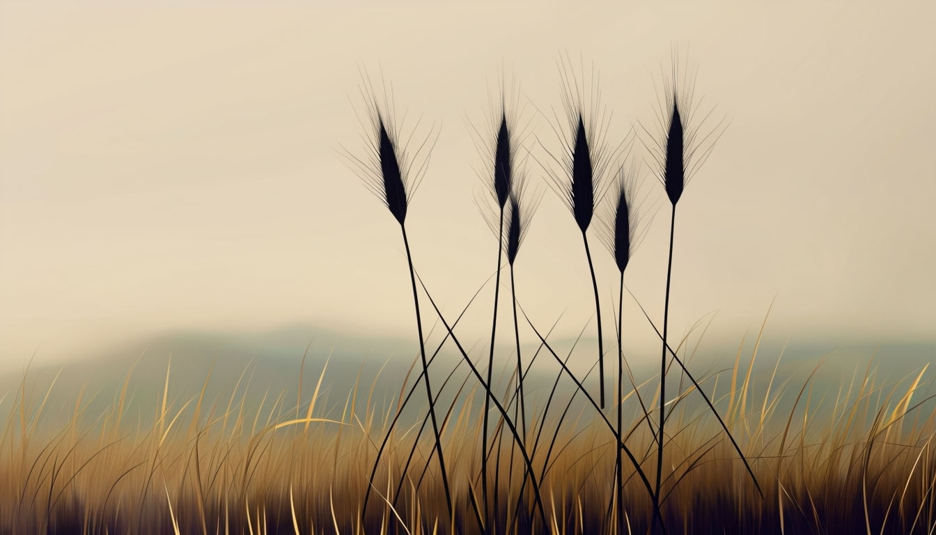 Minimalist Overcast Landscape with Silhouetted Grains Background