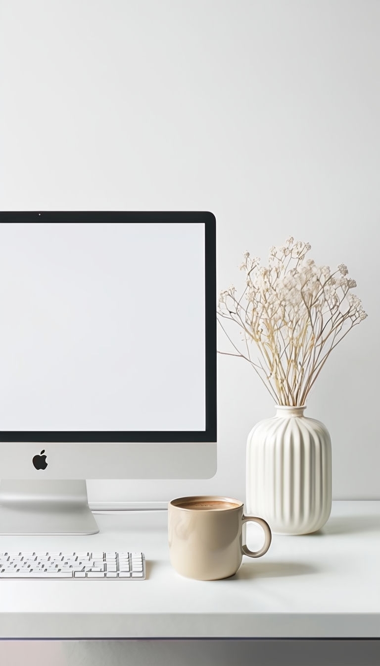 Minimalist White Workspace with iMac and Coffee Mug Mobile Wallpaper