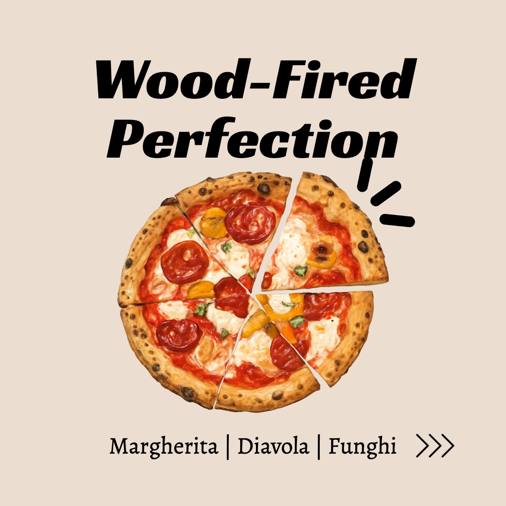 Wood-Fired Pizza with Toppings and Bold Text Illustration Instagram Post