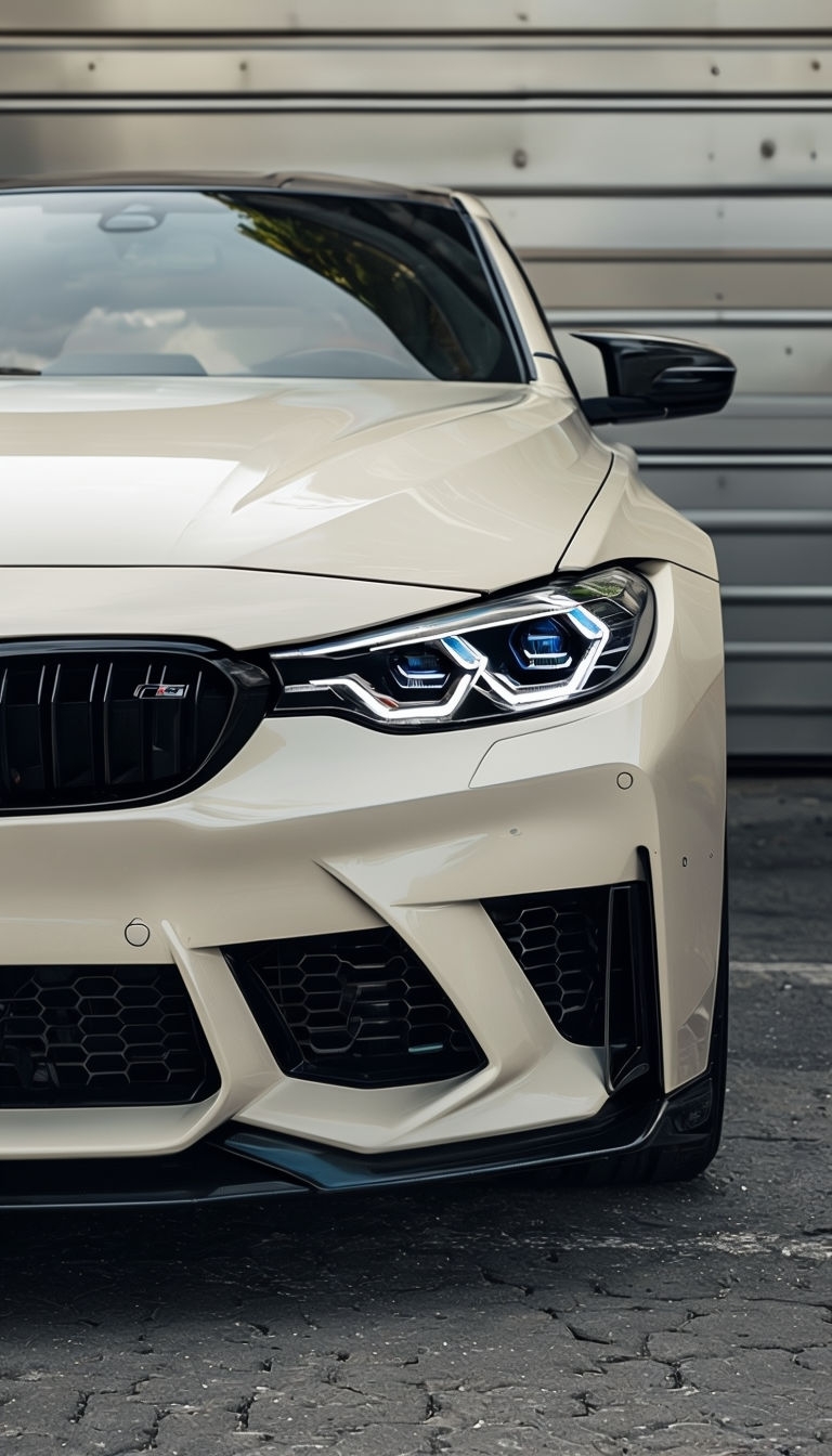 Sleek Off-White Luxury Car Front View with LED Headlights Mobile Wallpaper