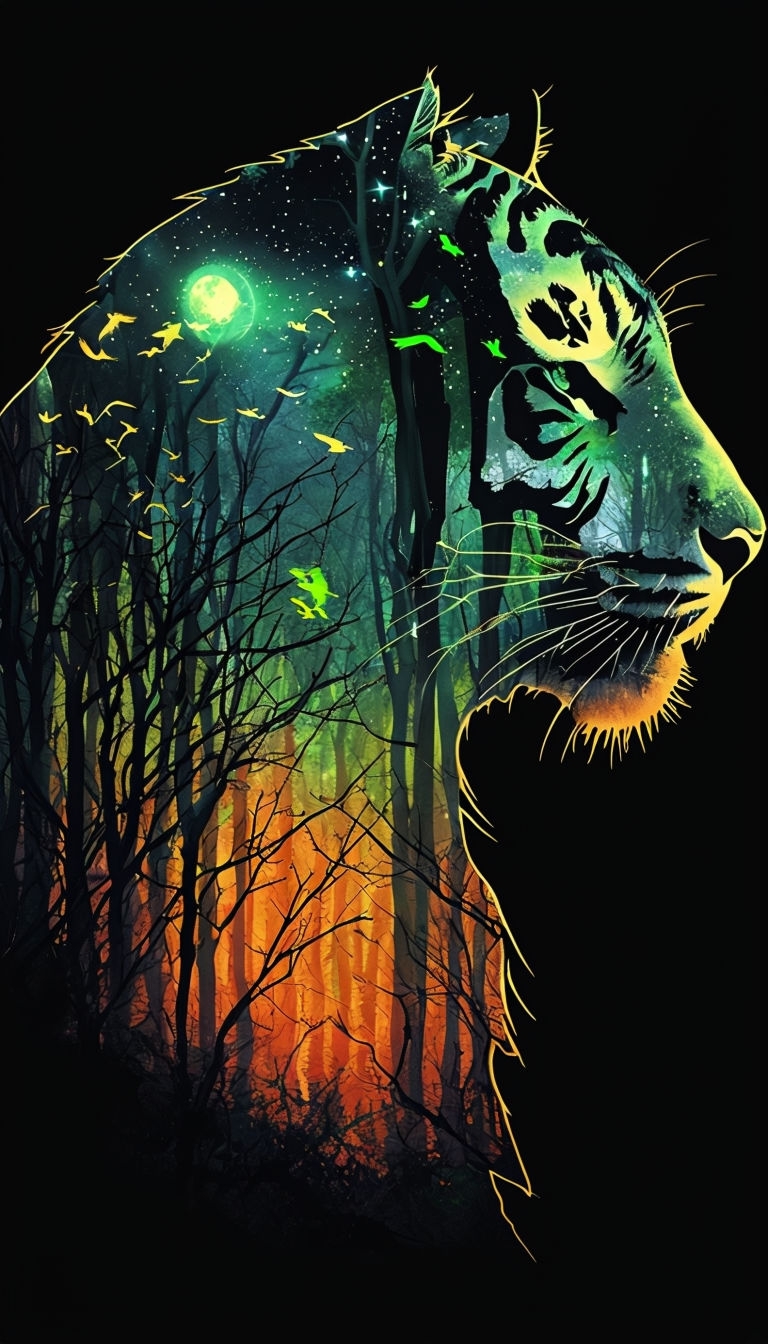Mystical Tiger Head Silhouette with Forest Elements T-Shirt