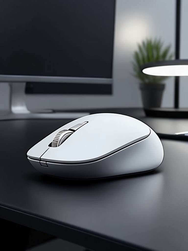 Sleek White Wireless Computer Mouse in Modern Home Office Mockup