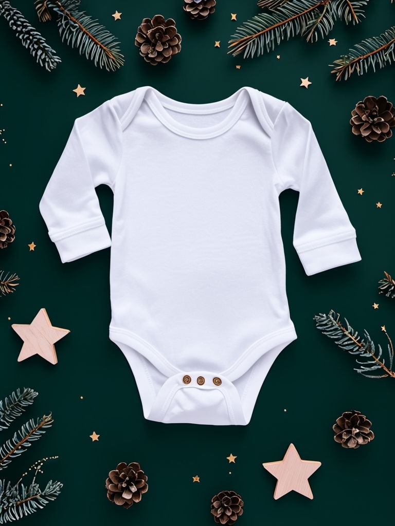 Festive White Baby Onesie with Rustic Decor and Pine Branches Mockup