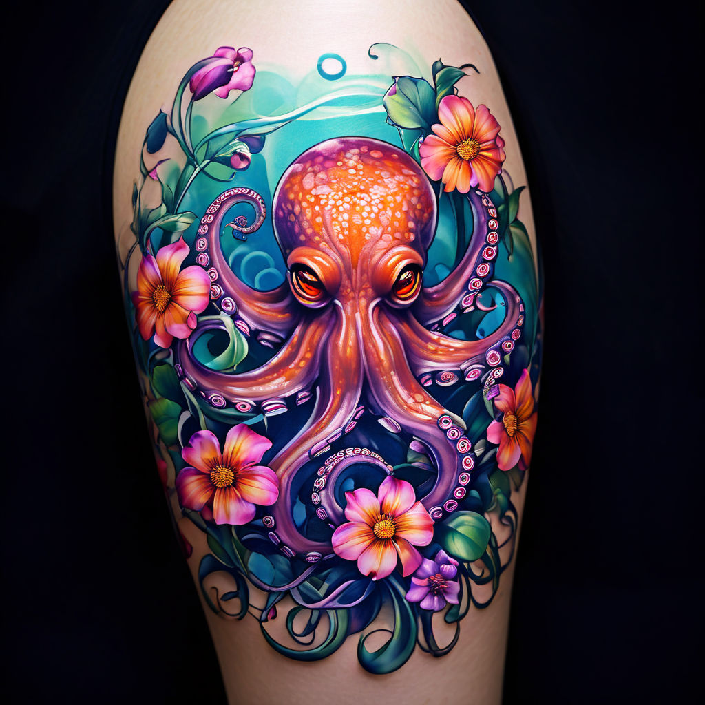 blue and pink long octopus leg tattoo