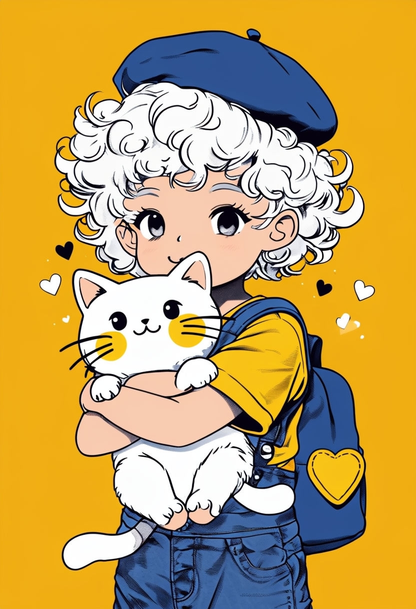 Cheerful Anime Child with Cat and Hearts Illustration Art