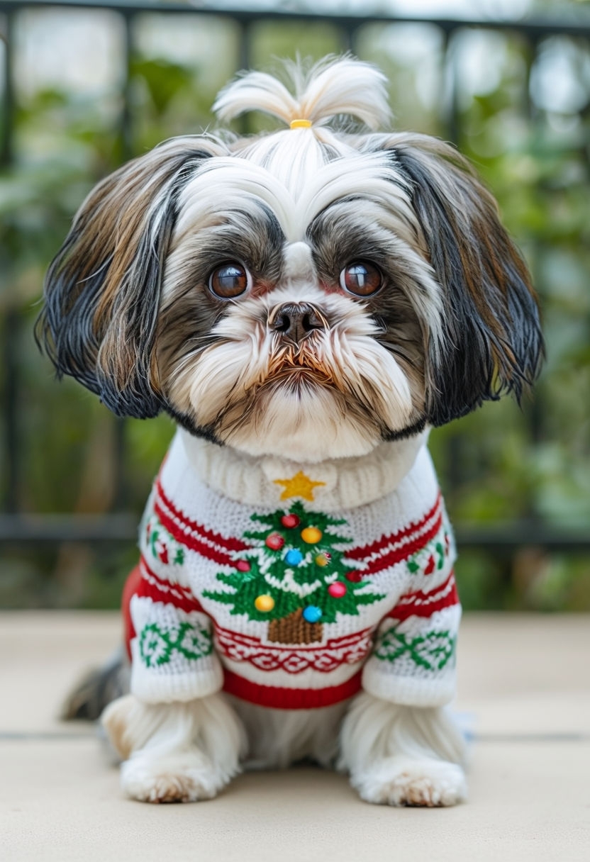 Fluffy Shih Tzu in Festive Christmas Sweater Photo Art