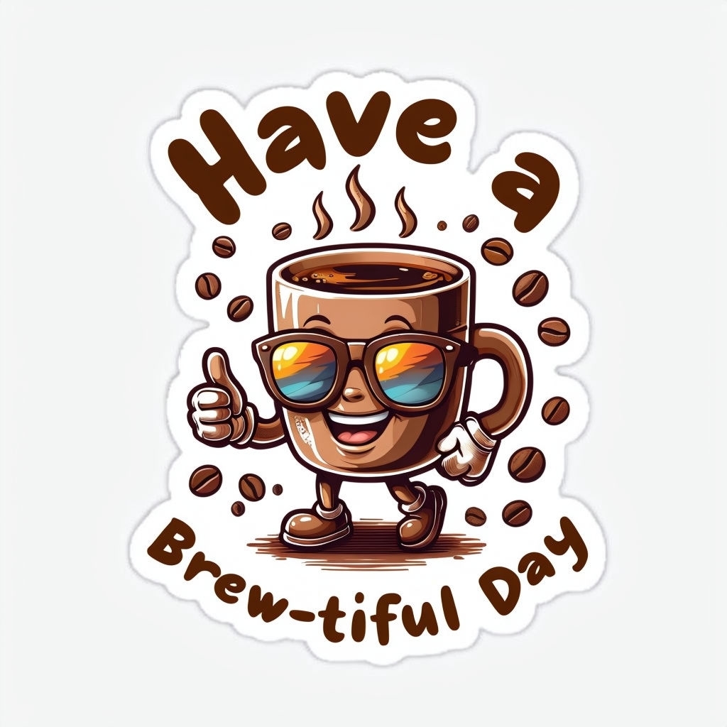 Cheerful Cartoon Coffee Mug Character Sticker Positive Vibes