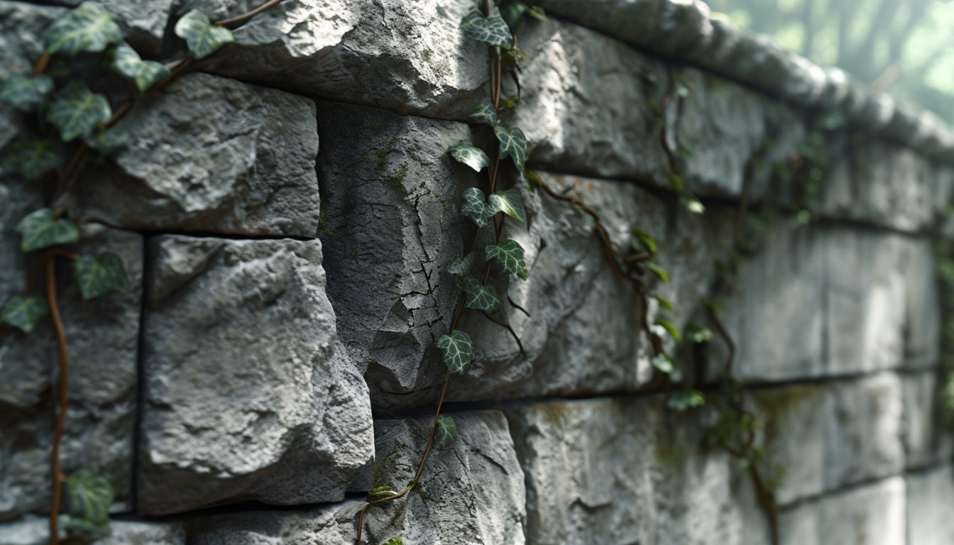 Detailed Ancient Stone Wall with Ivy Vines Horizontal Wallpaper Virtual Backgrounds
