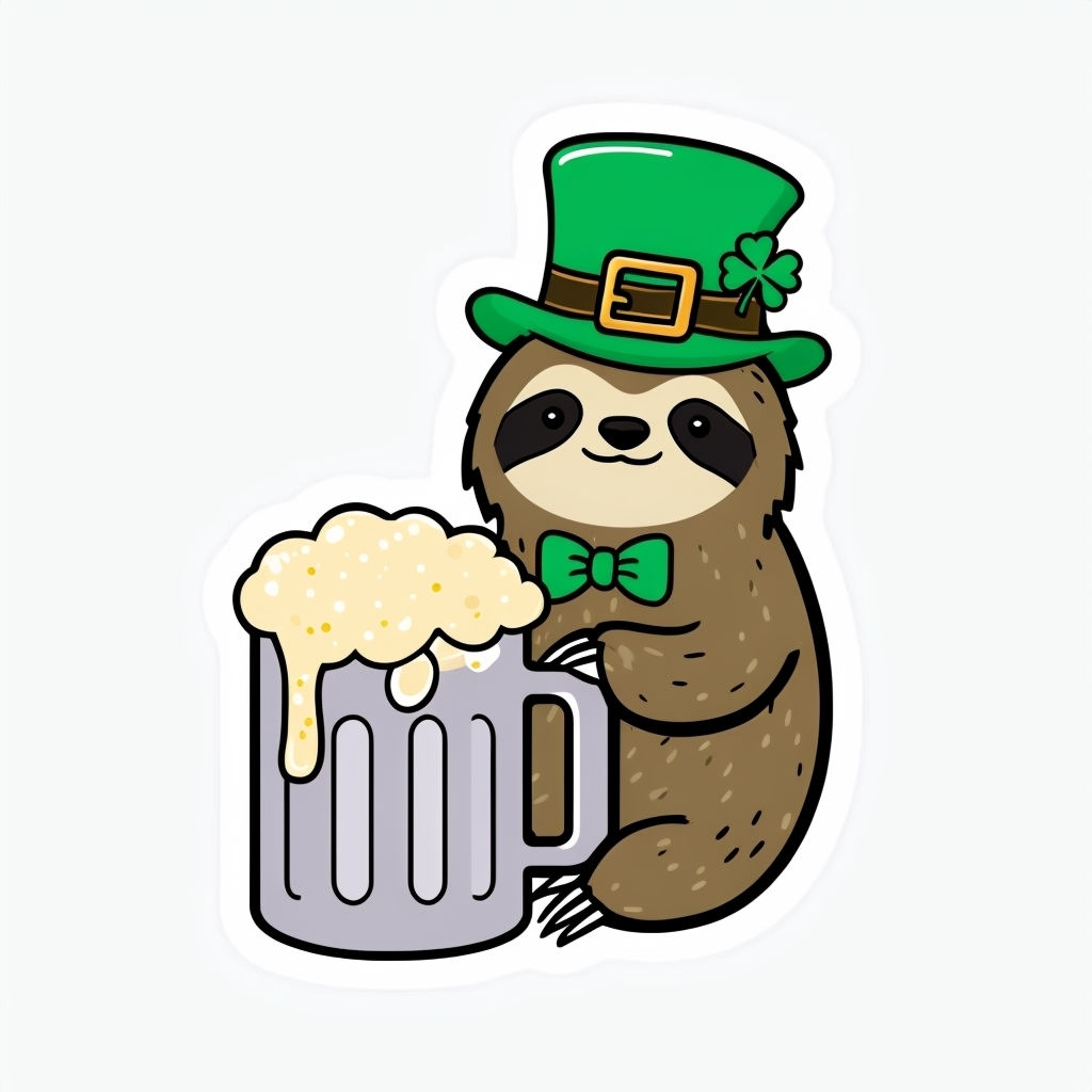 Playful Cartoon Sloth with Leprechaun Hat and Beer Mug Sticker