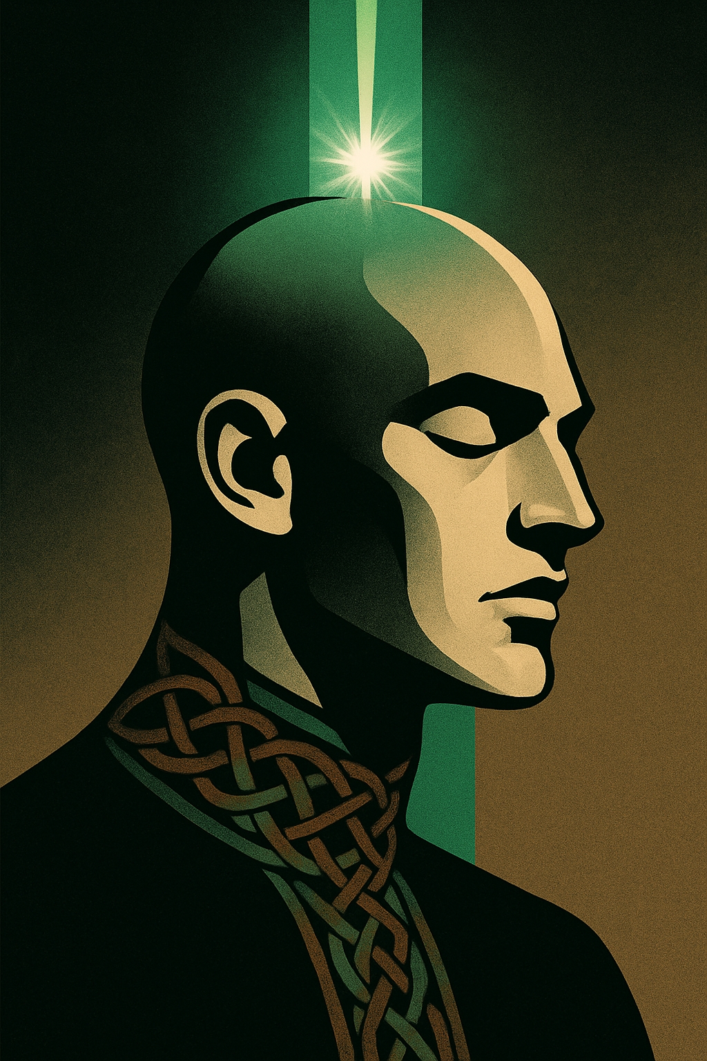 Bald Human Figure with Celtic Knots and Enlightenment Beam Art