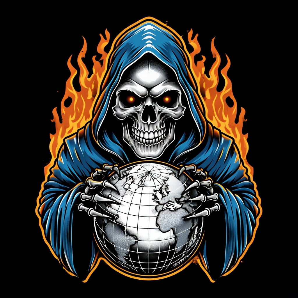 Menacing Skeletal Figure with Globe T-Shirt