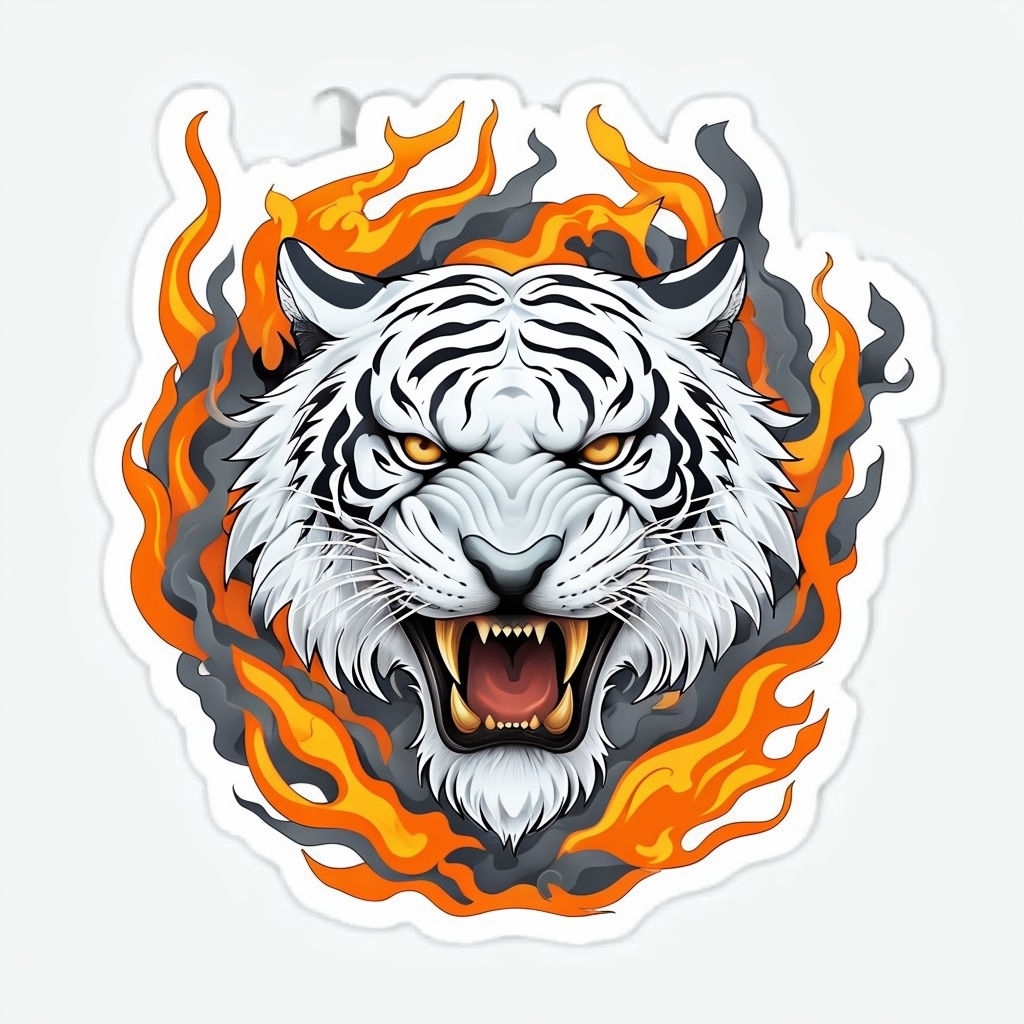 Fierce White Tiger Head with Vibrant Flames Die-Cut Sticker