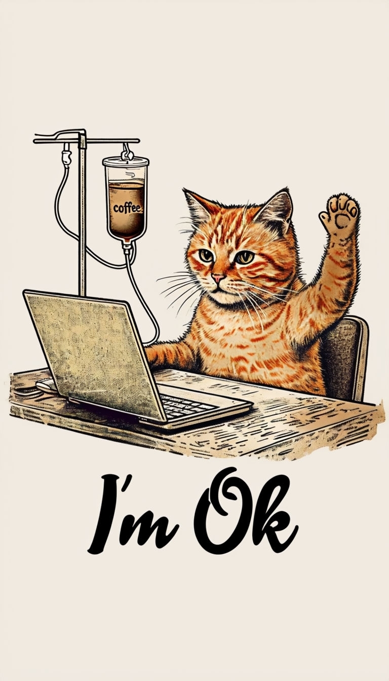 Whimsical Vintage Tabby Cat Working with Coffee IV Poster