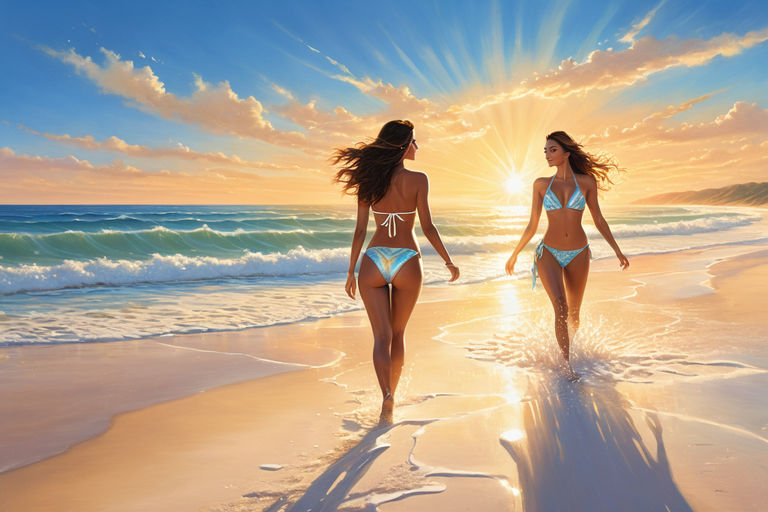 two skinny women walking on the beach in bikini - Playground