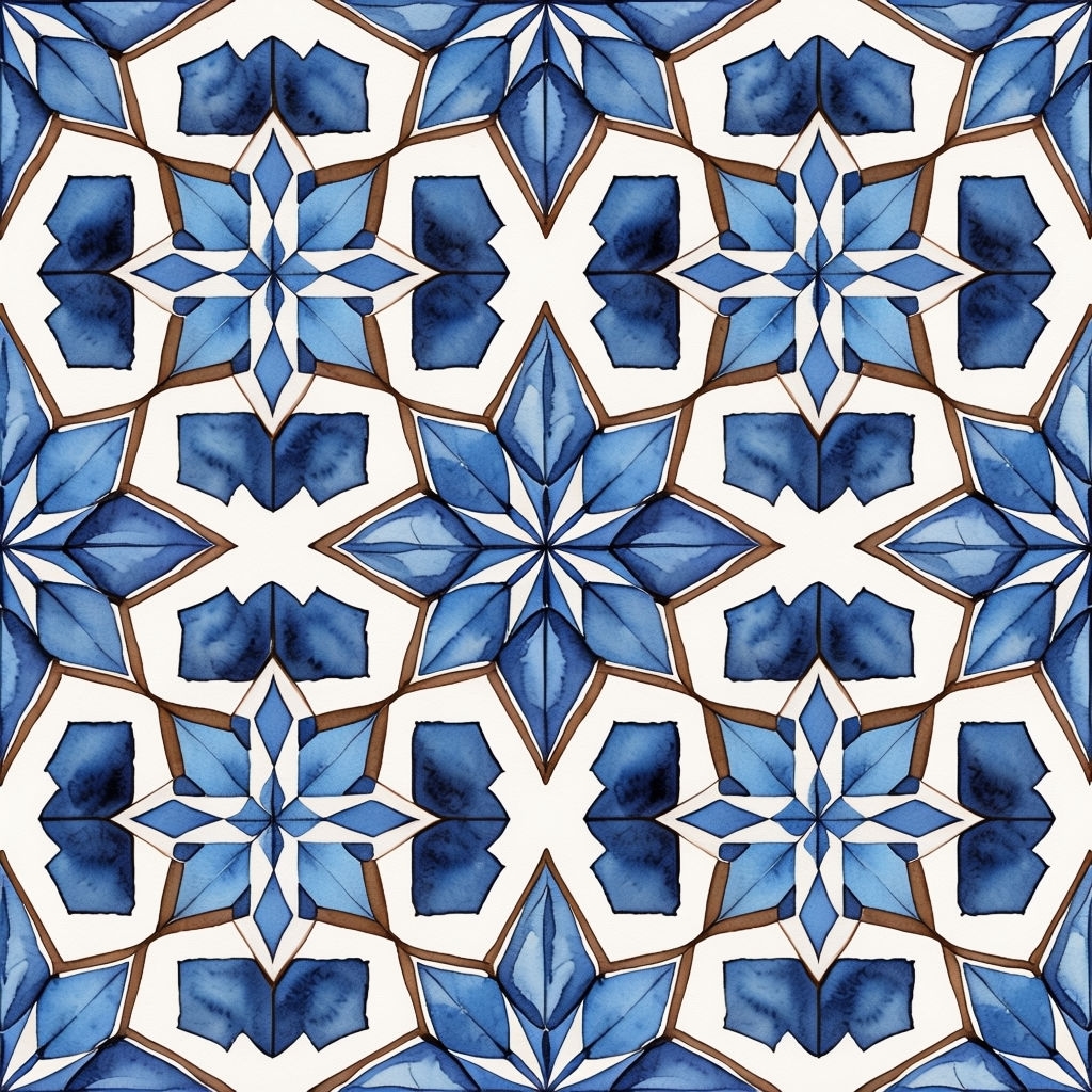 Symmetrical Geometric Watercolor Pattern with Stars and Hexagons Seamless Pattern