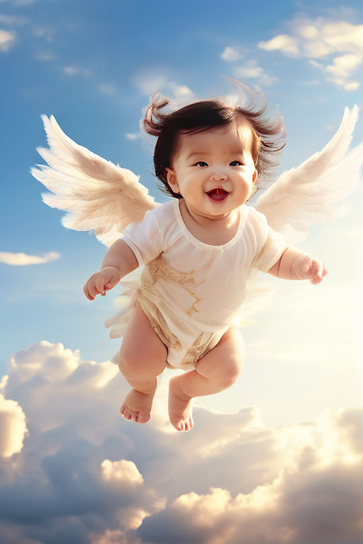 An Asian baby angel flying in the sky with the sky in the ba... by ...