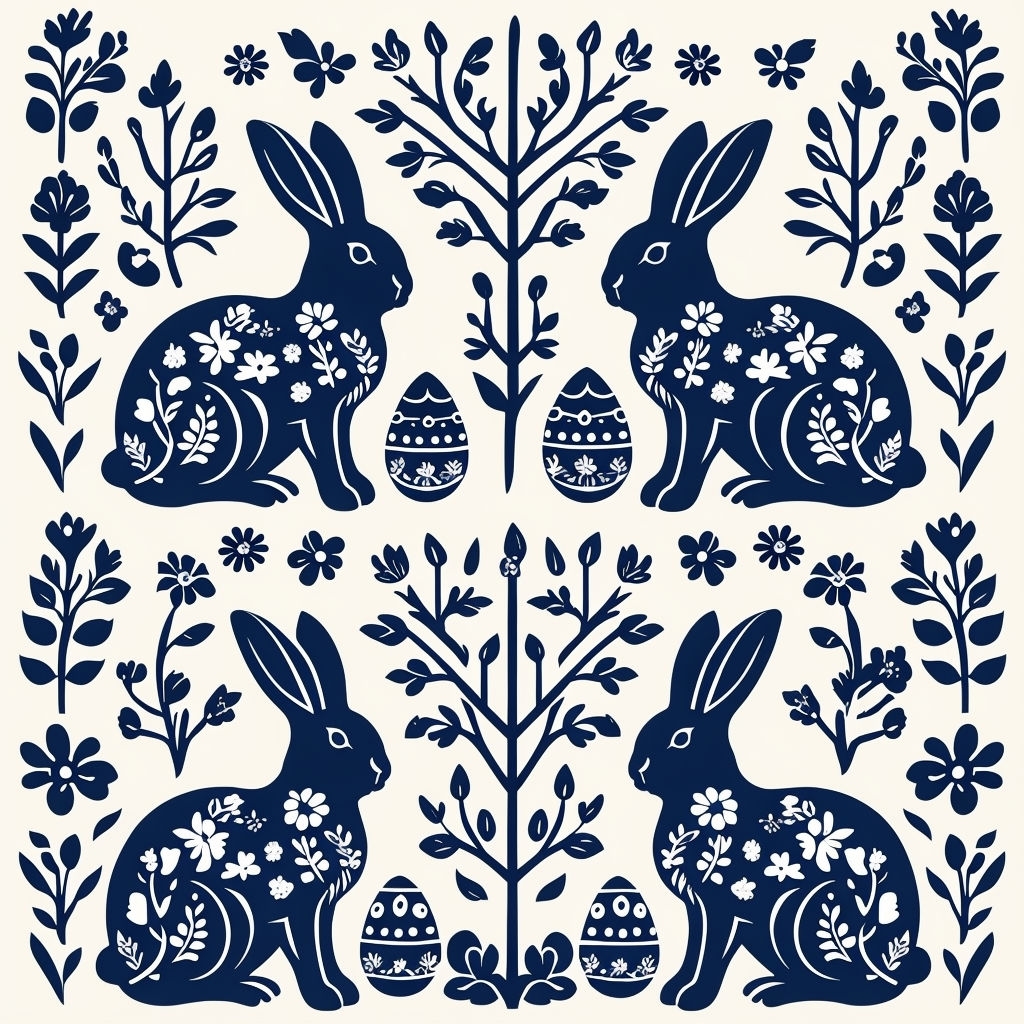 Navy Blue Floral Rabbit Folk Art Seamless Pattern Design