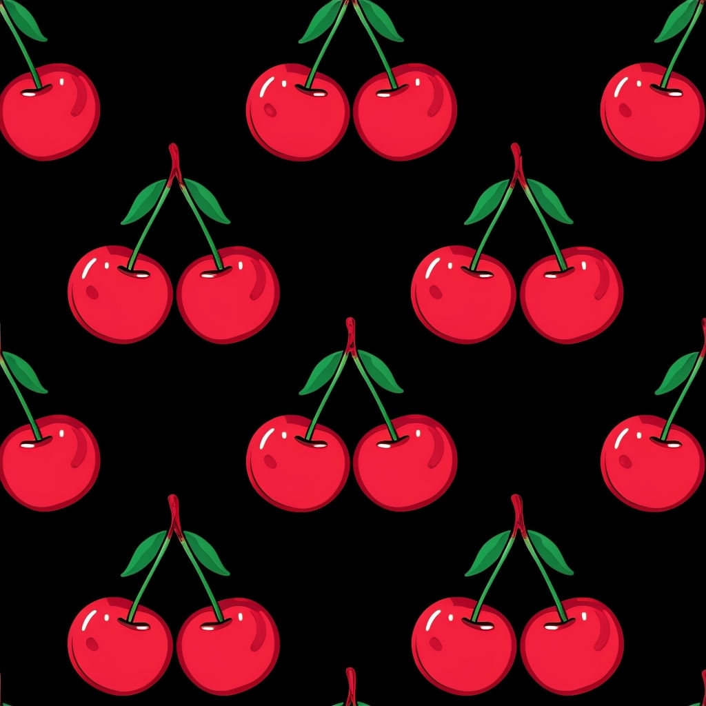 Bright Red Cherries on Black Background Pattern