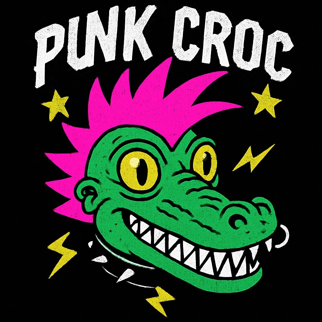 Vibrant Punk Croc Cartoon Illustration T-Shirt