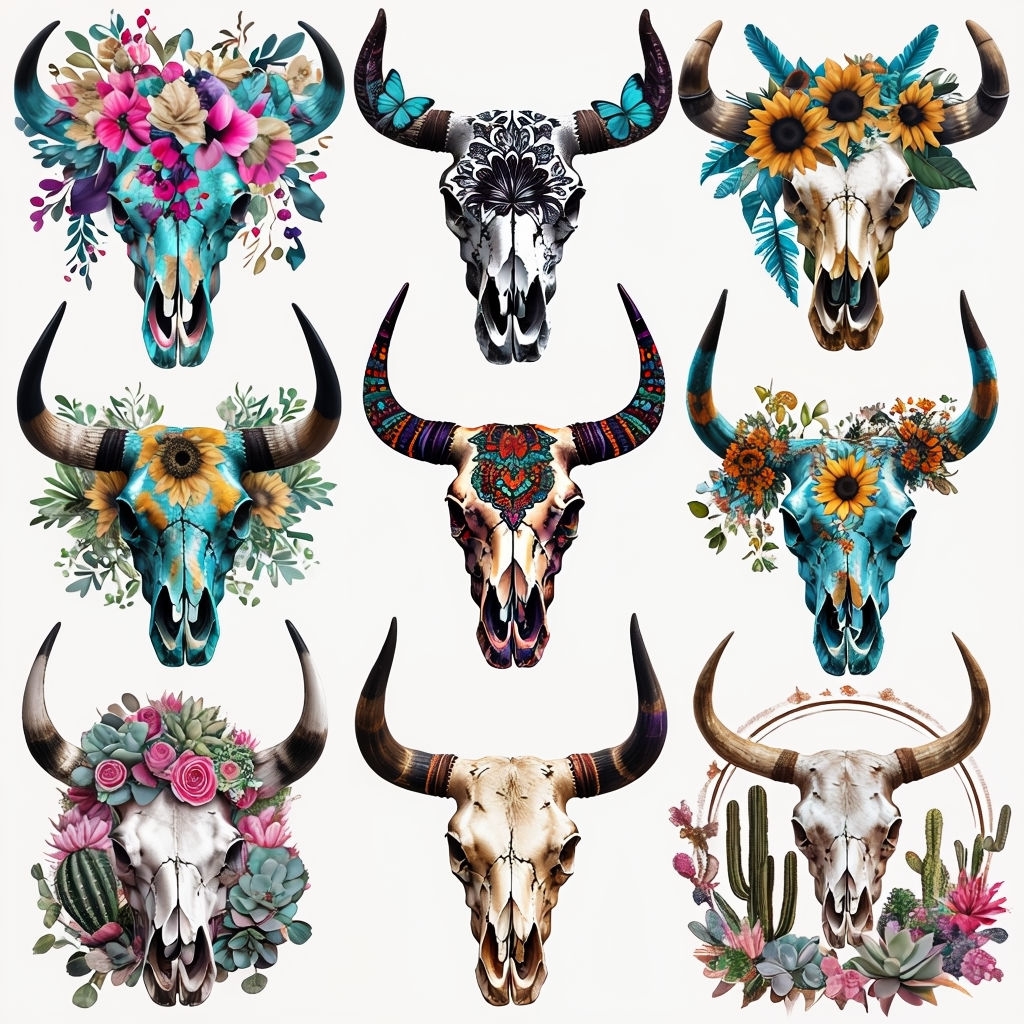 Colorful Bohemian Bull Skull Seamless Pattern Collection