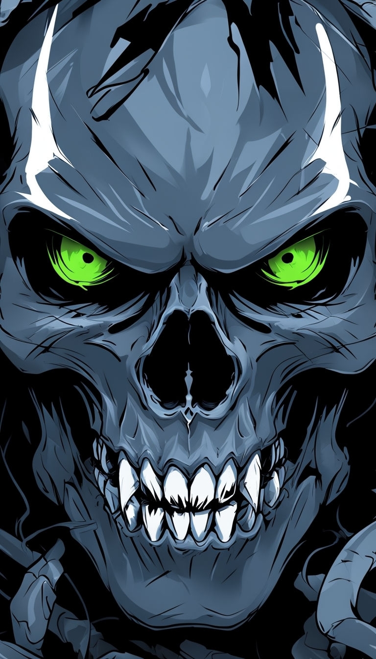 Menacing Skull Illustration with Neon Green Eyes Mobile Wallpaper