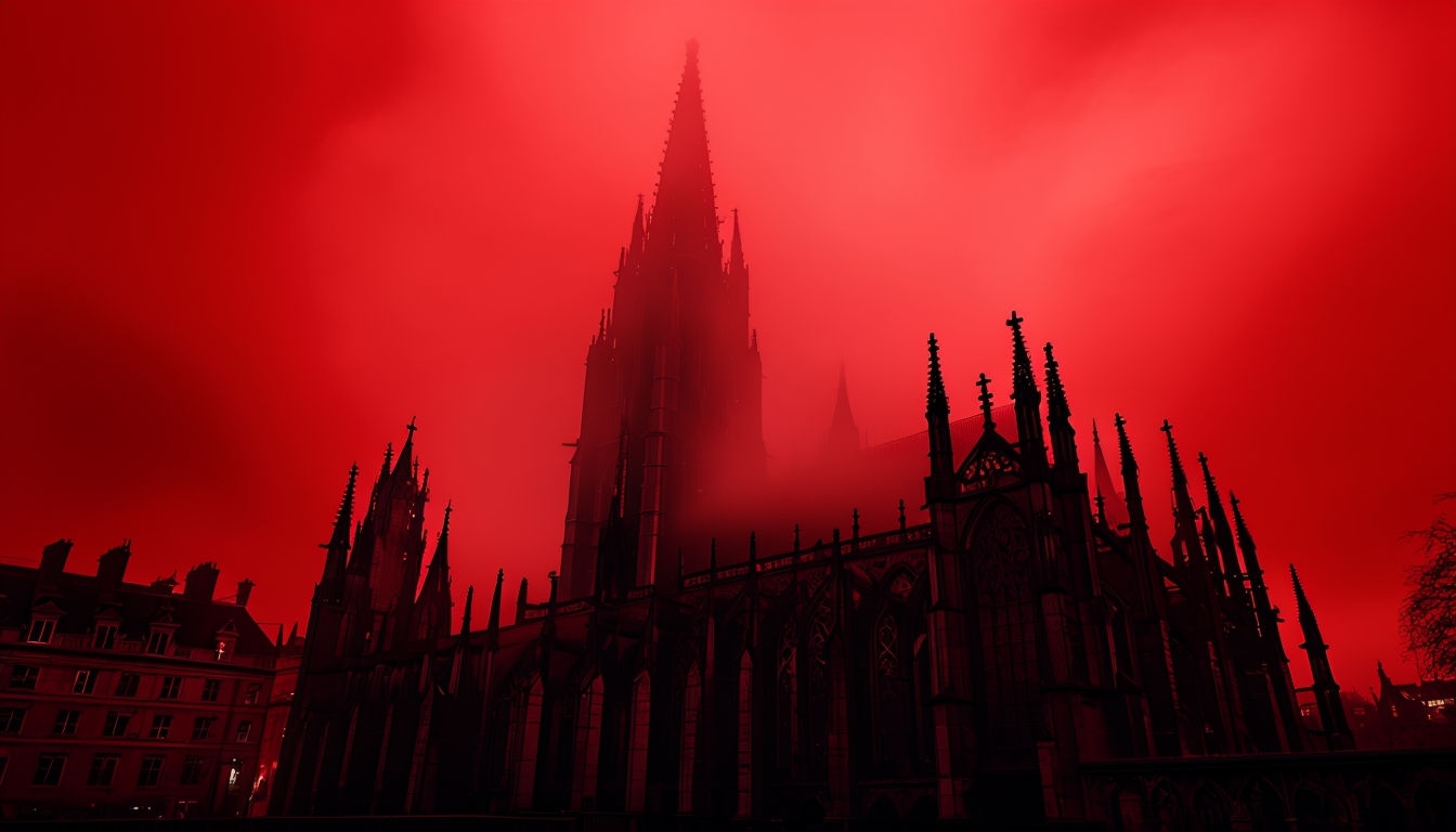 Gothic Cathedral Silhouette Against Dramatic Red Sky Background