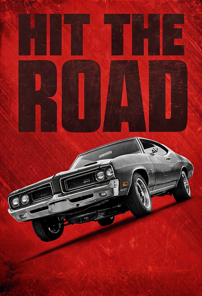 Vintage Distressed HIT THE ROAD Movie Poster with Classic GTO Car