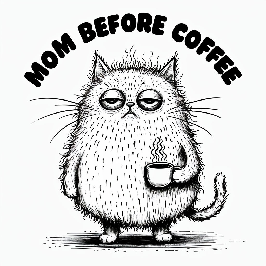 Sleepy Cat Holding Coffee with 'Mom Before Coffee' Text Mug