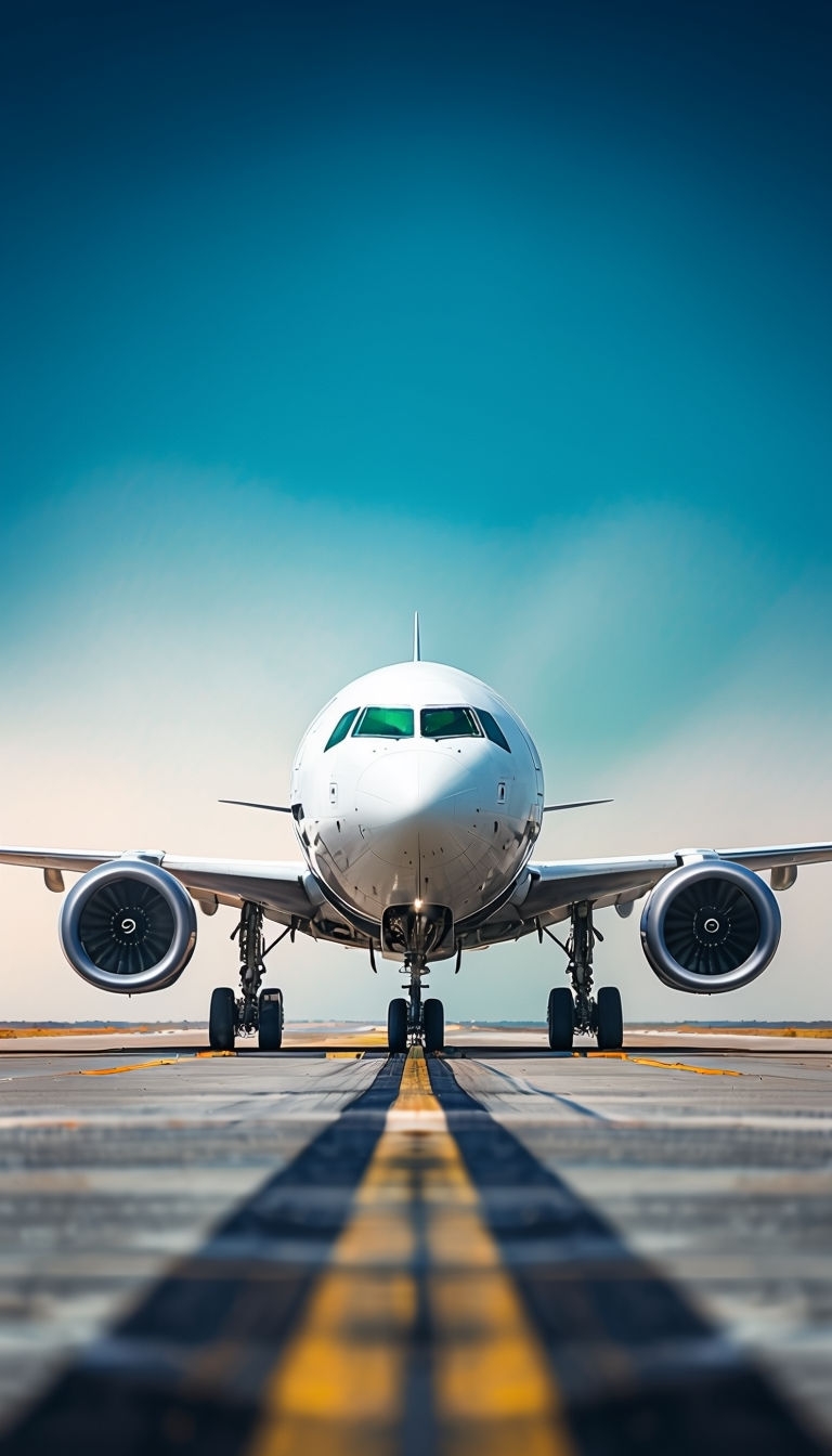 Commercial Airplane Centered on Runway with Azure Sky Mobile Wallpaper