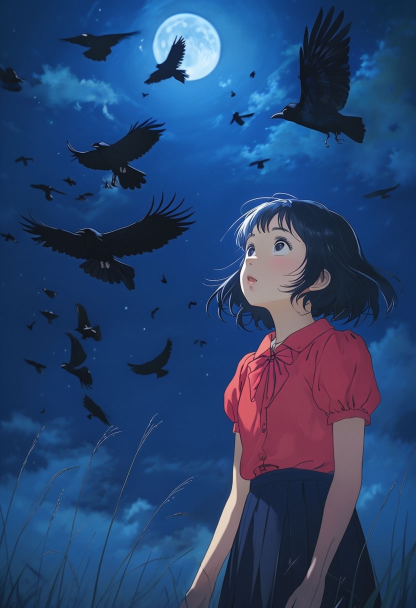 Moonlit Anime Girl with Crows in Mystical Night Scene Art