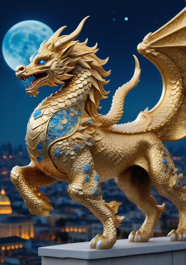 A highly detailed image of a mighty Gold Mytical Beast QiLin... by KUBU ...