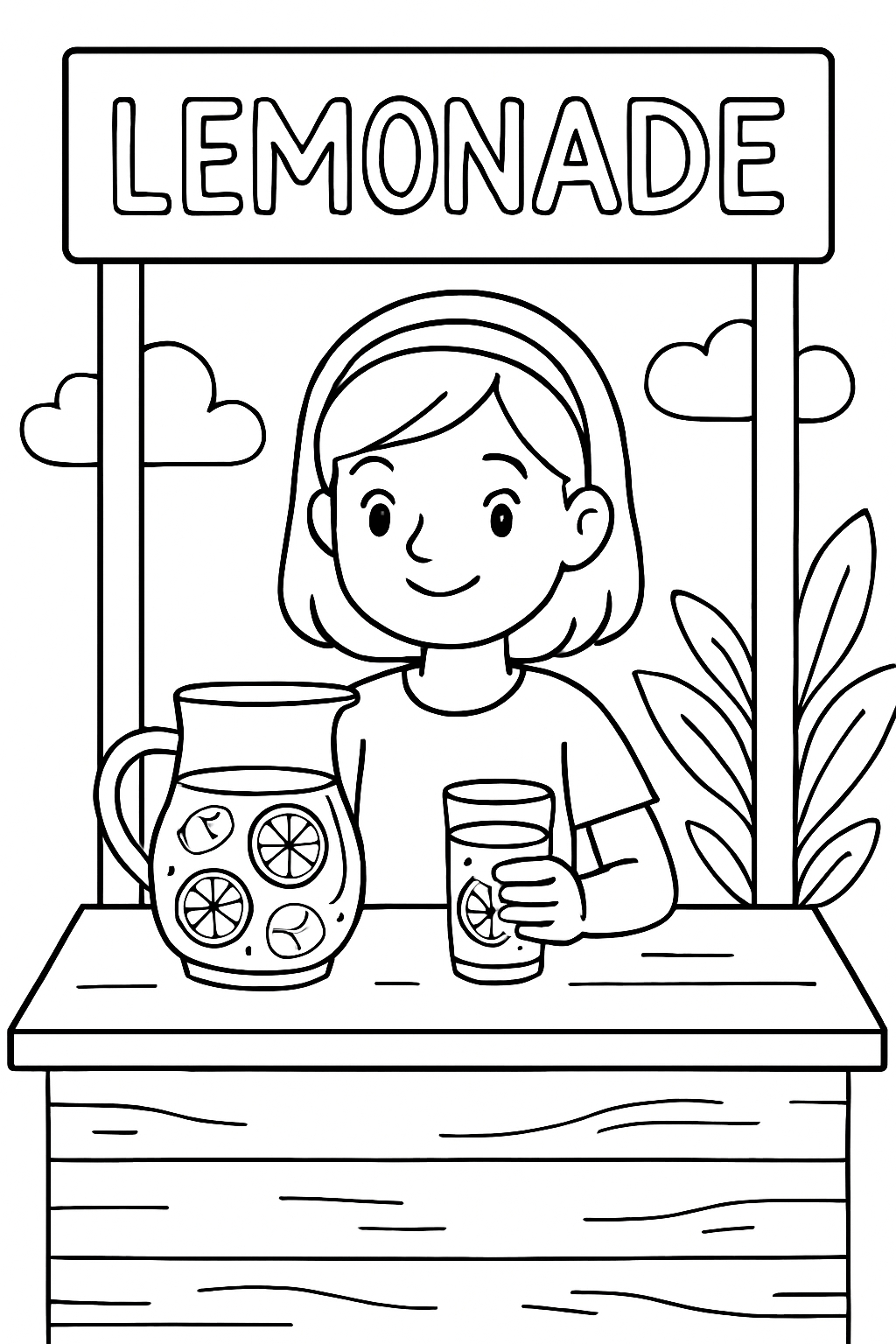 Happy Young Girl Selling Lemonade Illustration Coloring Book Pages