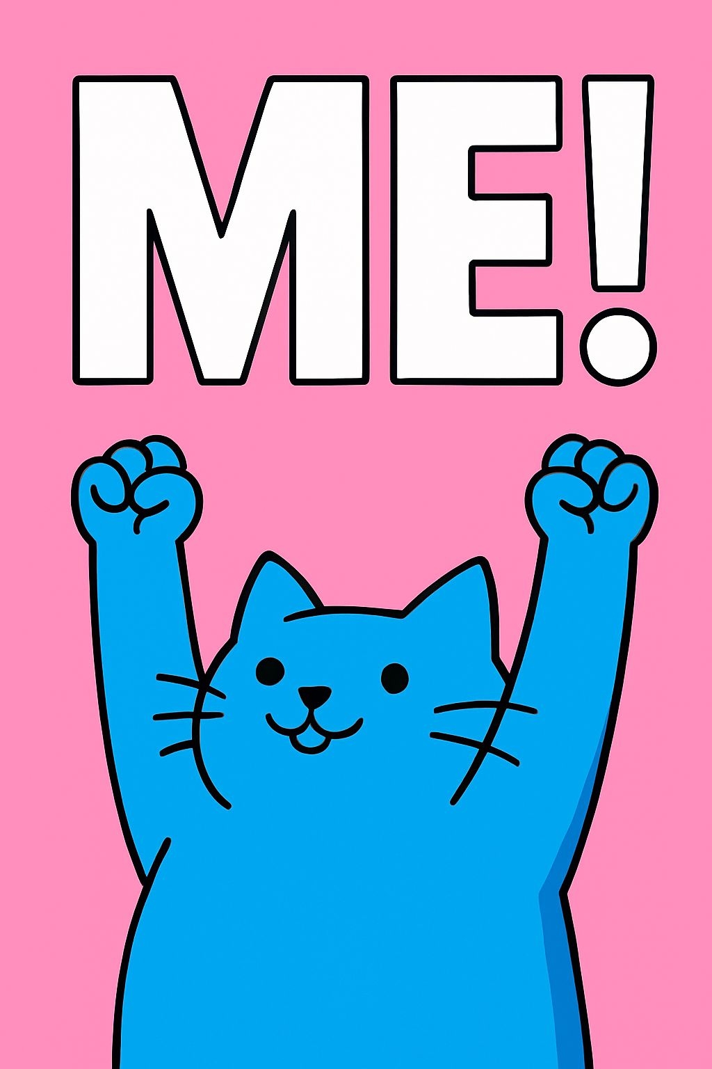 Cheerful Blue Cat with 'ME!' Text Cartoon T-Shirt