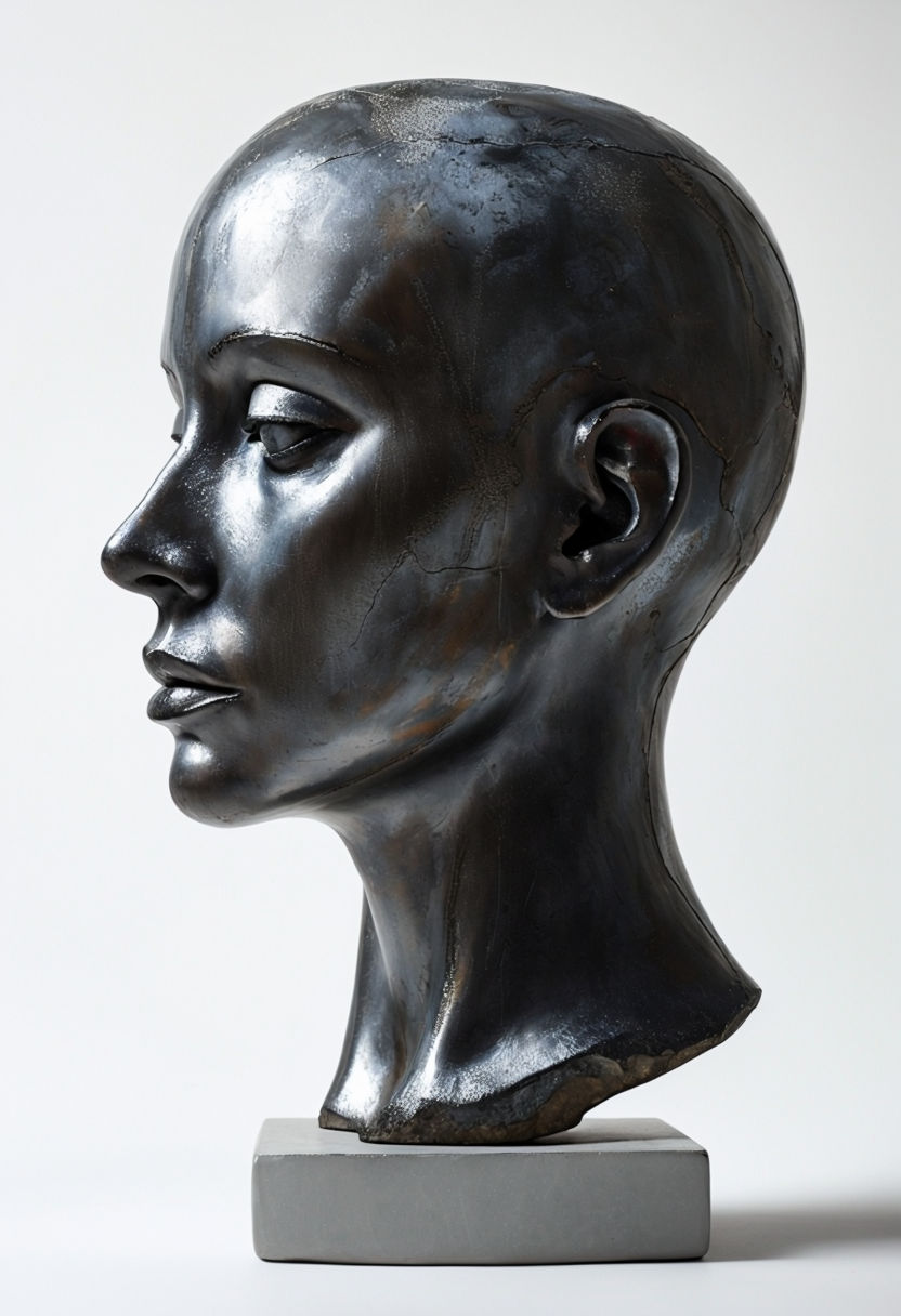 Contemplative Dark Gray Metallic Sculpture of Human Head Art