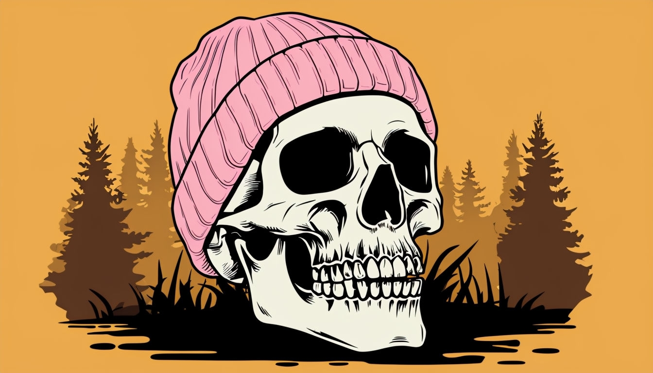 Eerie Cartoon Skull with Pink Beanie and Forest Background Art // Virtual Backgrounds