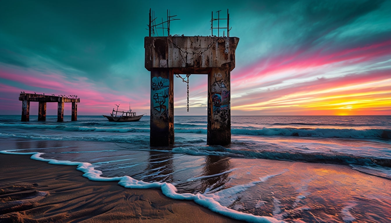 Serene Sunset at Ocean Beach with Weathered Pier Virtual Background