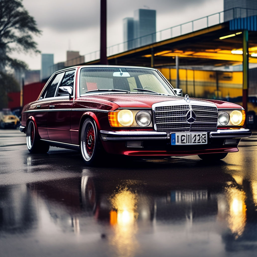 A mercedes Benz w123 amg lowered to the ground with rain dro... by ...