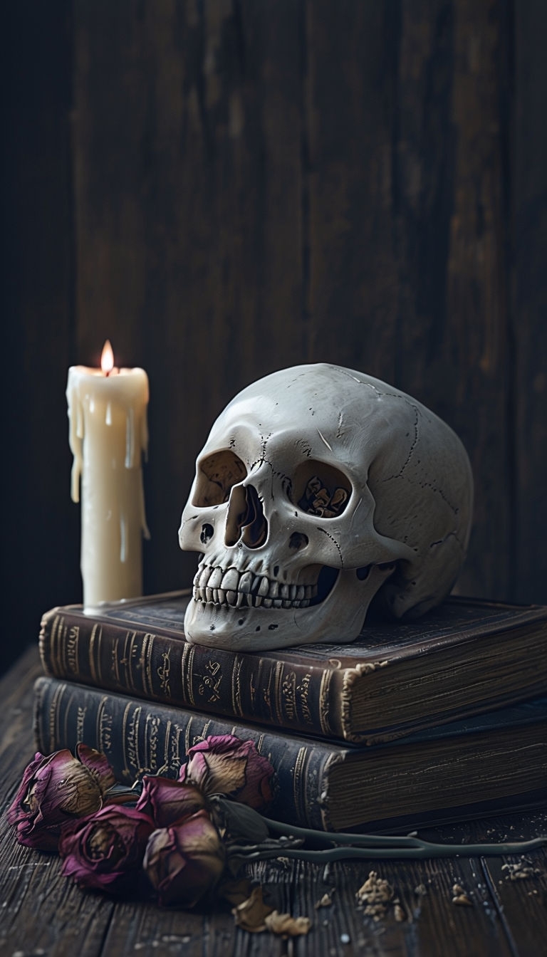 Elegant Skull with Velvet Books and Dried Roses Mobile Wallpaper