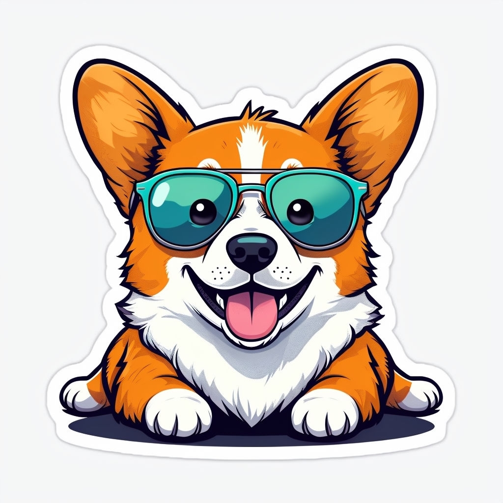 Vibrant Cartoon Corgi Dog with Sunglasses Sticker Design