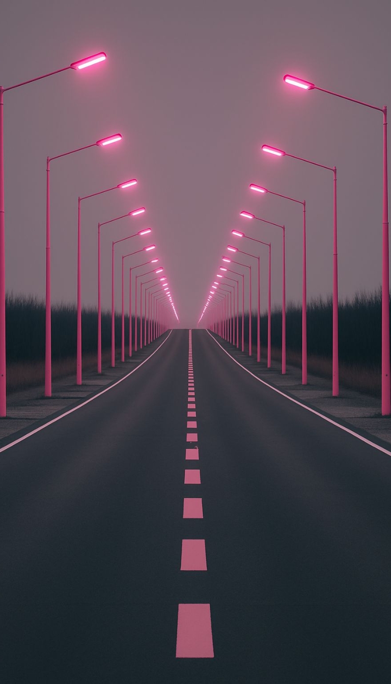 Surreal Neon Pink Road with Streetlights and Dreamy Atmosphere Mobile Wallpaper