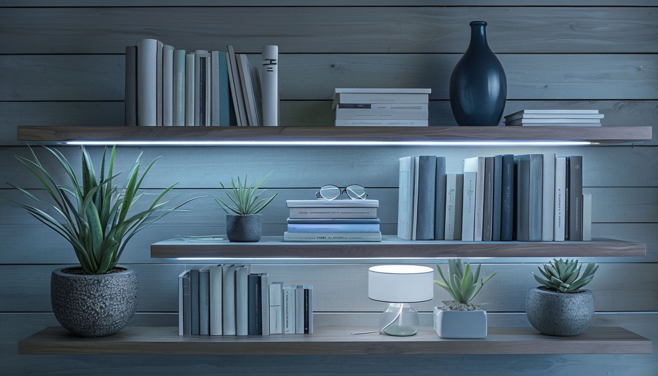 Modern Minimalist Bookshelf with LED Lighting Virtual Background