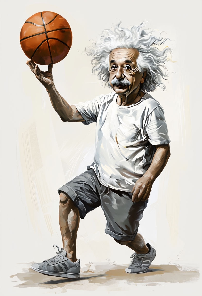 Playful Albert Einstein Basketball Oil Painting Illustration Art