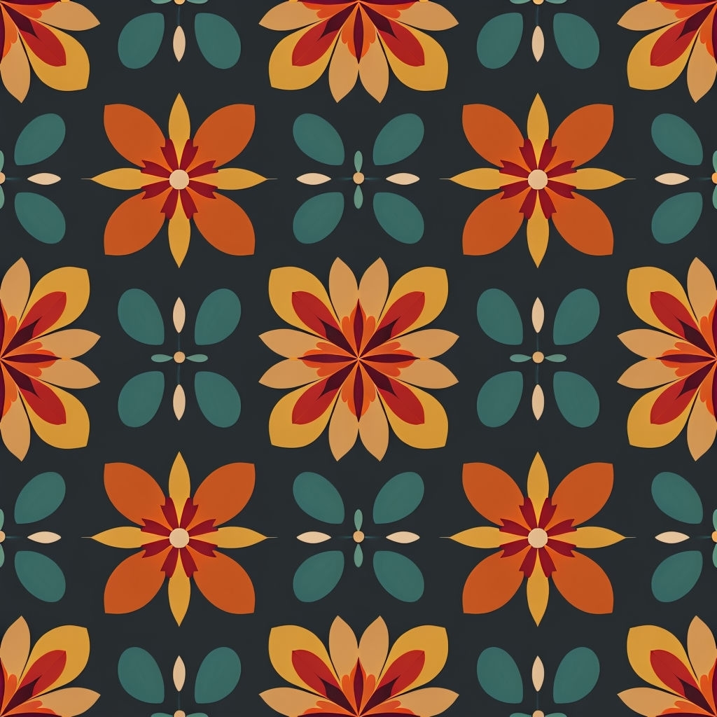 Vibrant Floral Pattern with Geometric Style on Dark Background Seamless Pattern