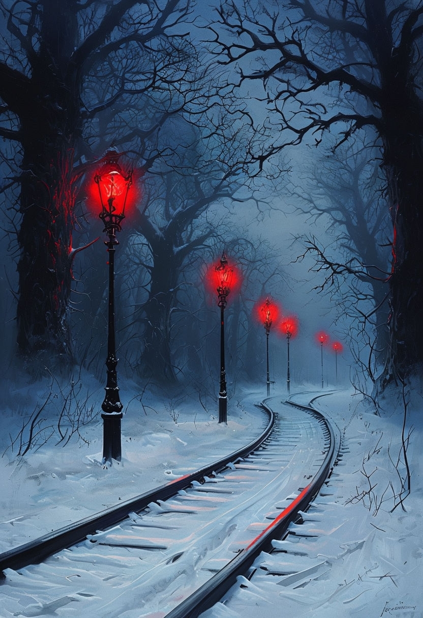 Eerie Winter Night Train Tracks with Lanterns Art Poster