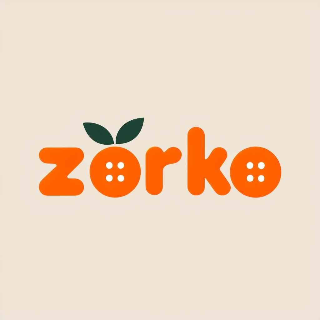 Playful Orange Zorko Logo with Green Leaves and Dots Design Logo
