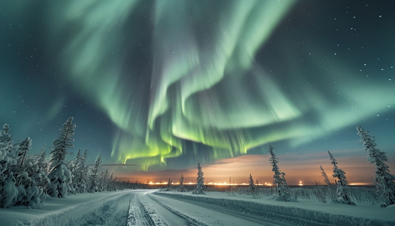 Mesmerizing Northern Lights Above Snowy Landscape Background