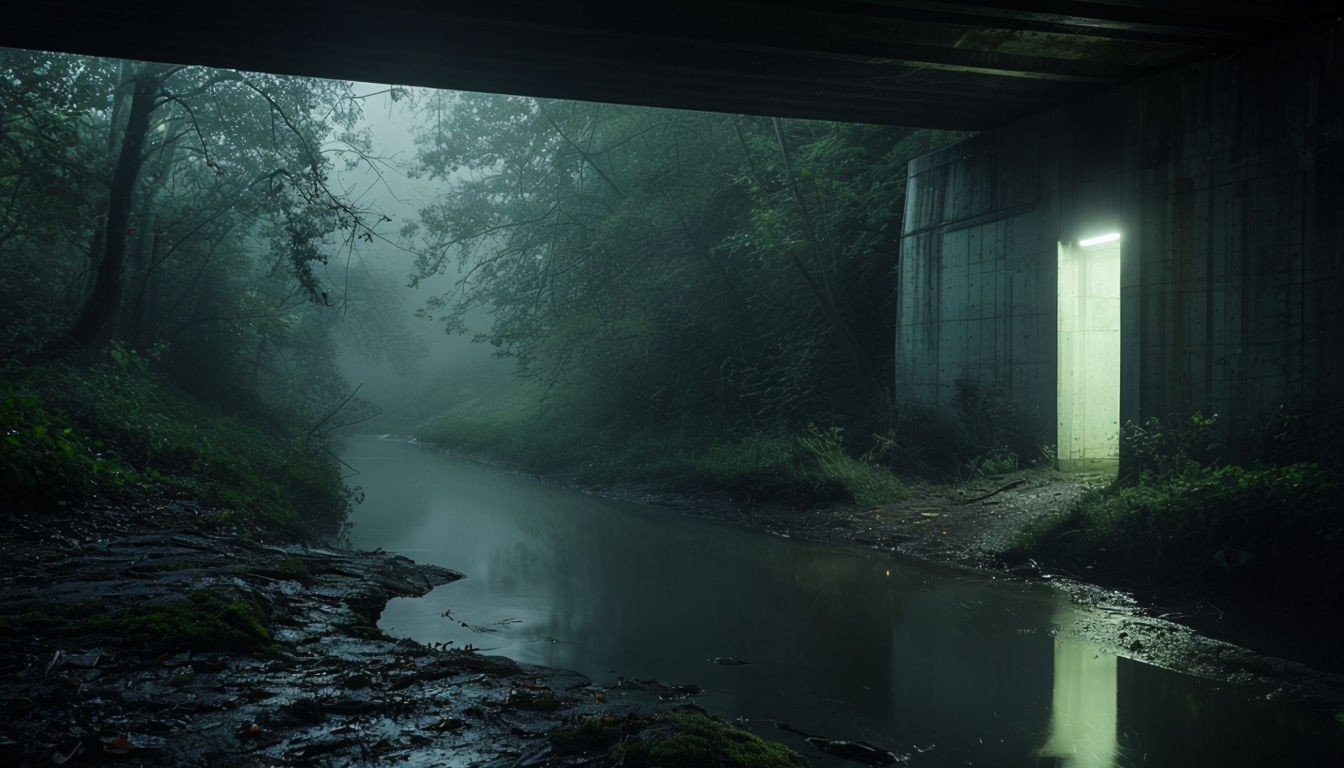 Eerie Nighttime Creek Under Concrete Structure Virtual Background
